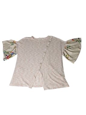 Hummingbird Floral Blouse Top Peach Ivory Flutter Sleeve Top Size Large